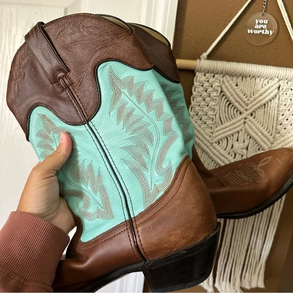 Durango Brown + Teal Leather Cowgirl Boots // Size 9 - Picture 5 of 5